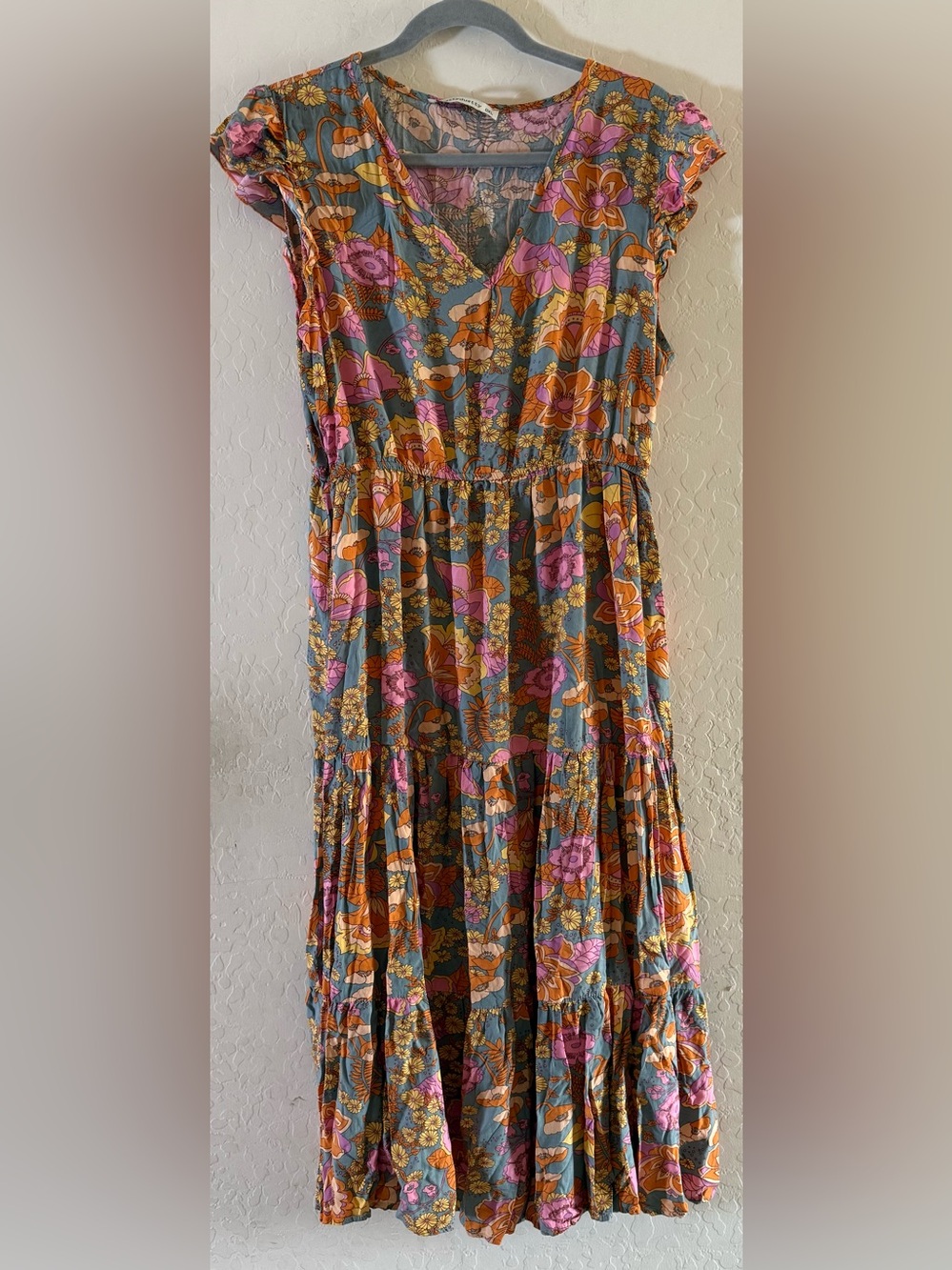 Rusttydustty, 0X, bohemian-style, multi-colored floral print tiered dress